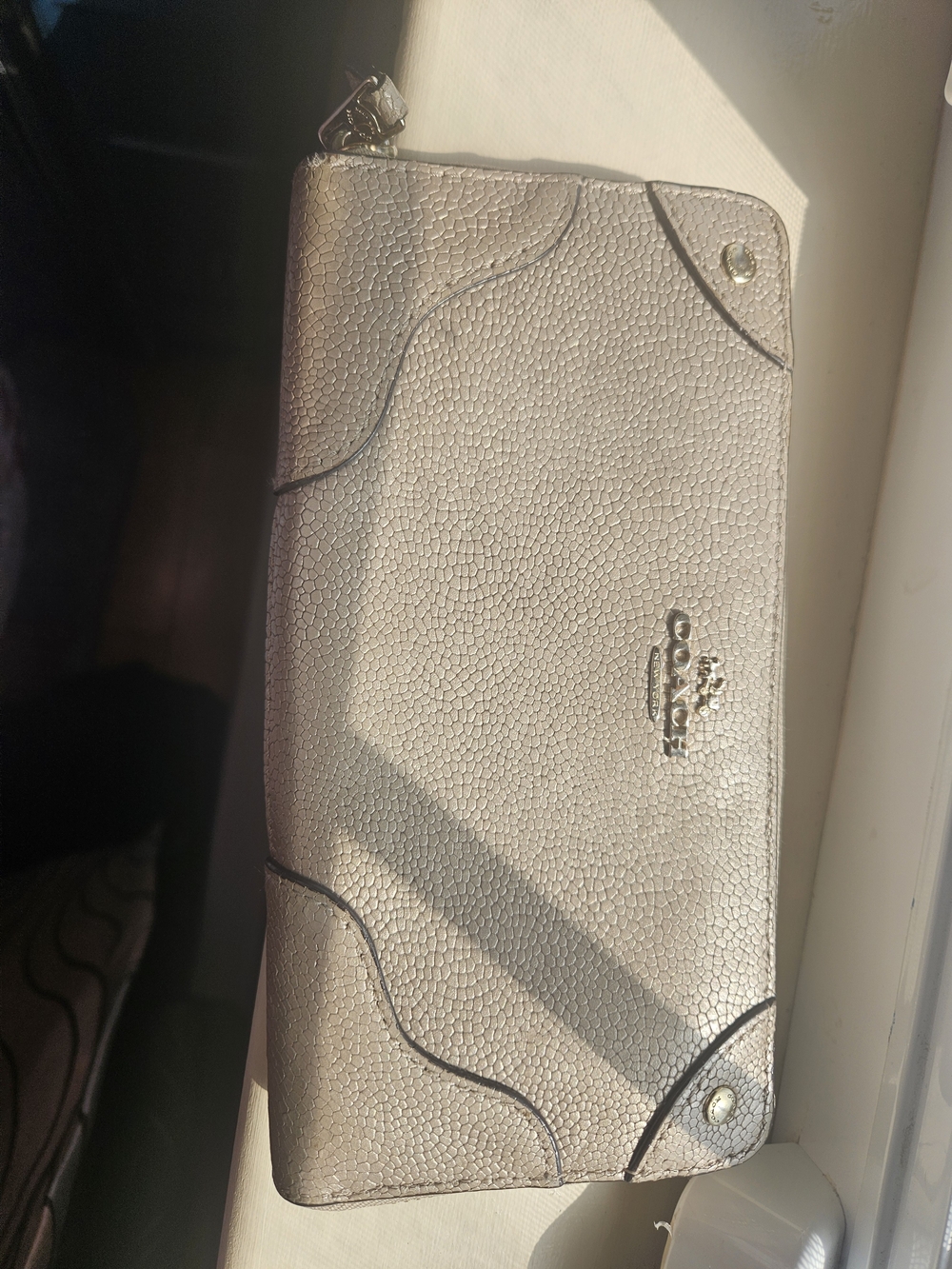 Coach Metallic Taupe Leather Zip Wallet